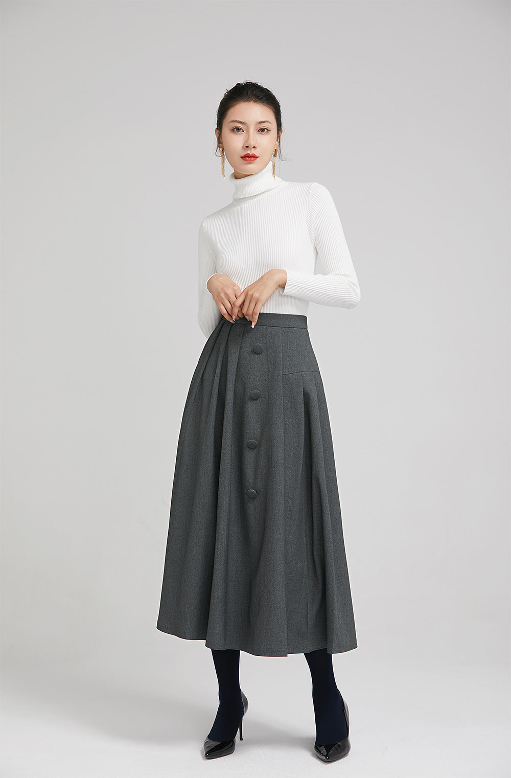 dark grey elegant wool pleated skirt with button 2246