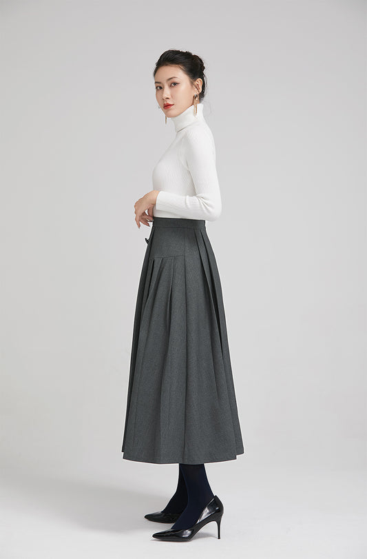 dark grey elegant wool pleated skirt with button 2246