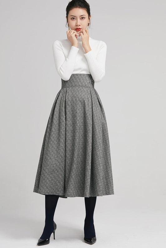 Gray Wool Midi Skirt - High Waist Pleated A-Line with Bow Tie 2247