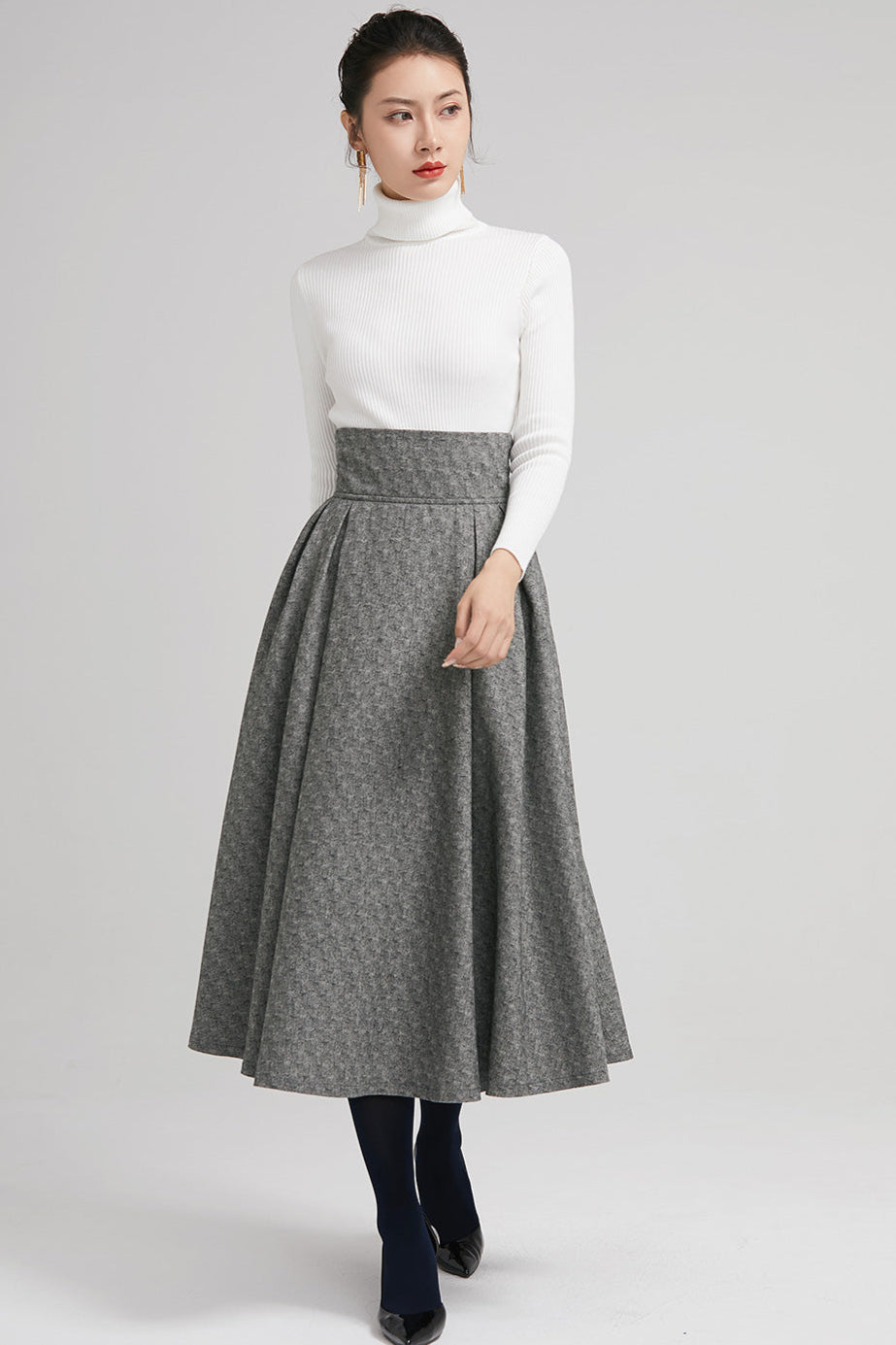 Heather Gray Wool Midi Skirt – Vintage High Waist Winter Skirt with Bow Tie 2247