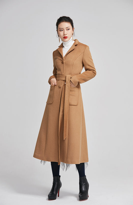 Handmade Camel Wool Coat – Elegant Long A-Line Winter Overcoat with Belt 2248