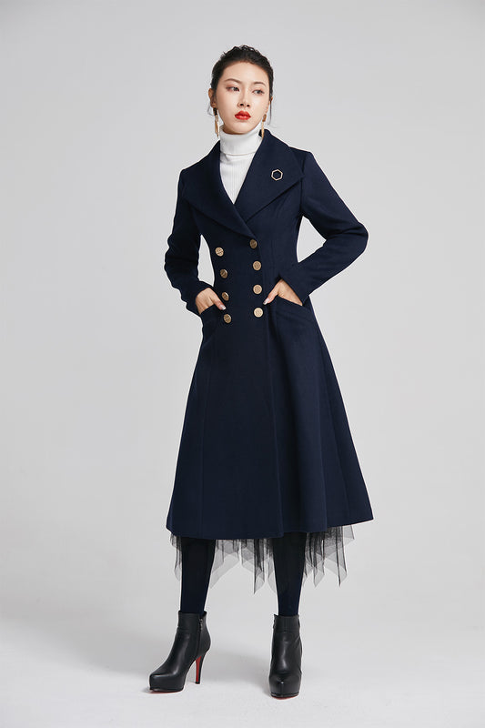 navy wool coat for women with double breasted and pockets 2249