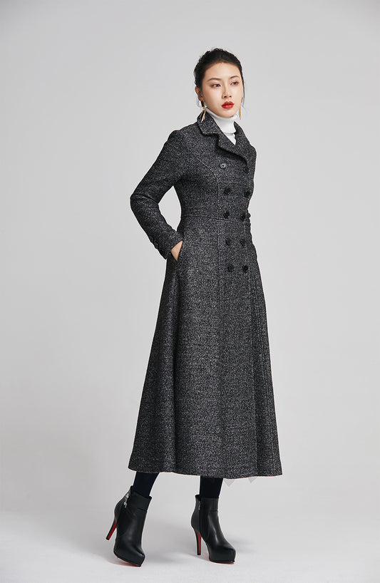 Handmade Gray Wool Coat – Vintage Double Breasted Long Winter Overcoat | Xiaolizi 2252