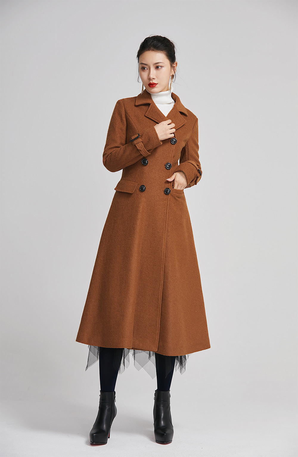 Brown women winter long coat with single breasted and pockets 2254 Brown / L (US 14) Brown women winter long coat with single breasted and pockets 2254 Brown / L (US 14)