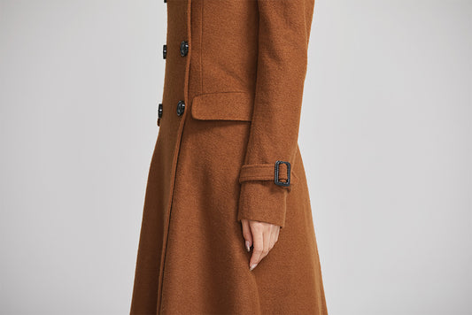 brown women winter long coat with single breasted and pockets 2254