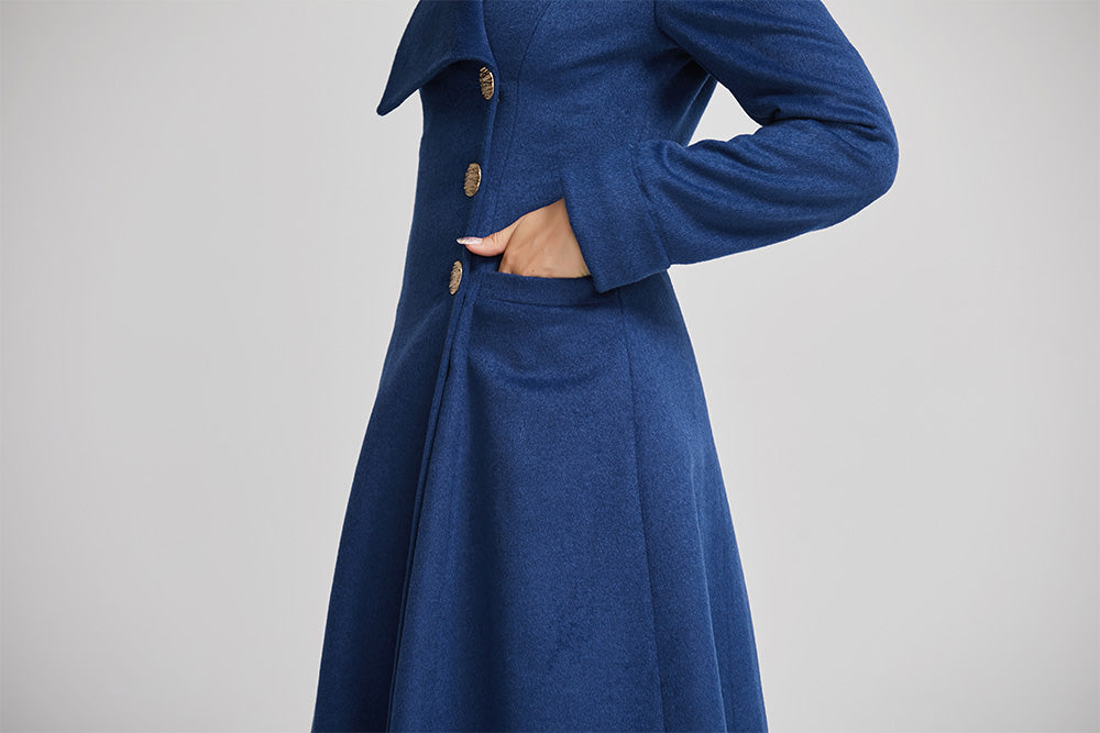 Handmade Blue Wool Coat – Single-Breasted Winter A-Line Overcoat | Xiaolizi 2256