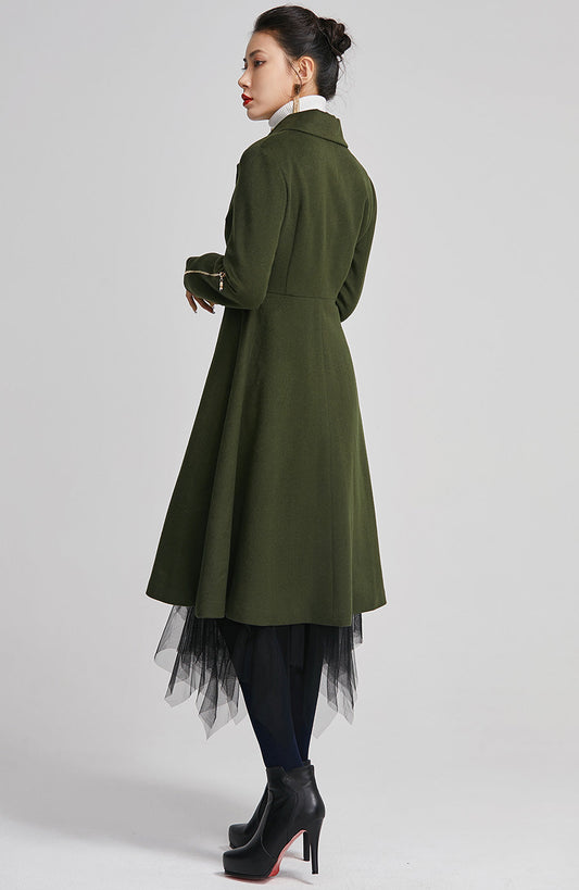Elegant Green Wool Blend Coat – Tailored Midi Winter Coat with Zipper Details | Xiaolizi 2257