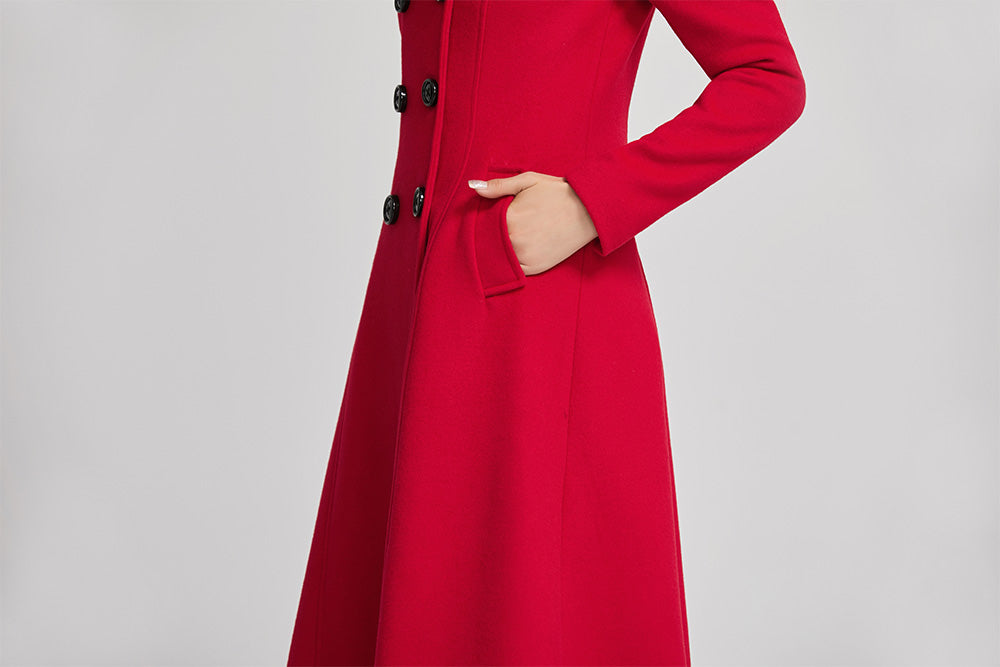 Vintage Inspired Red Wool Coat – Warm Double Breasted Winter Jacket 2262