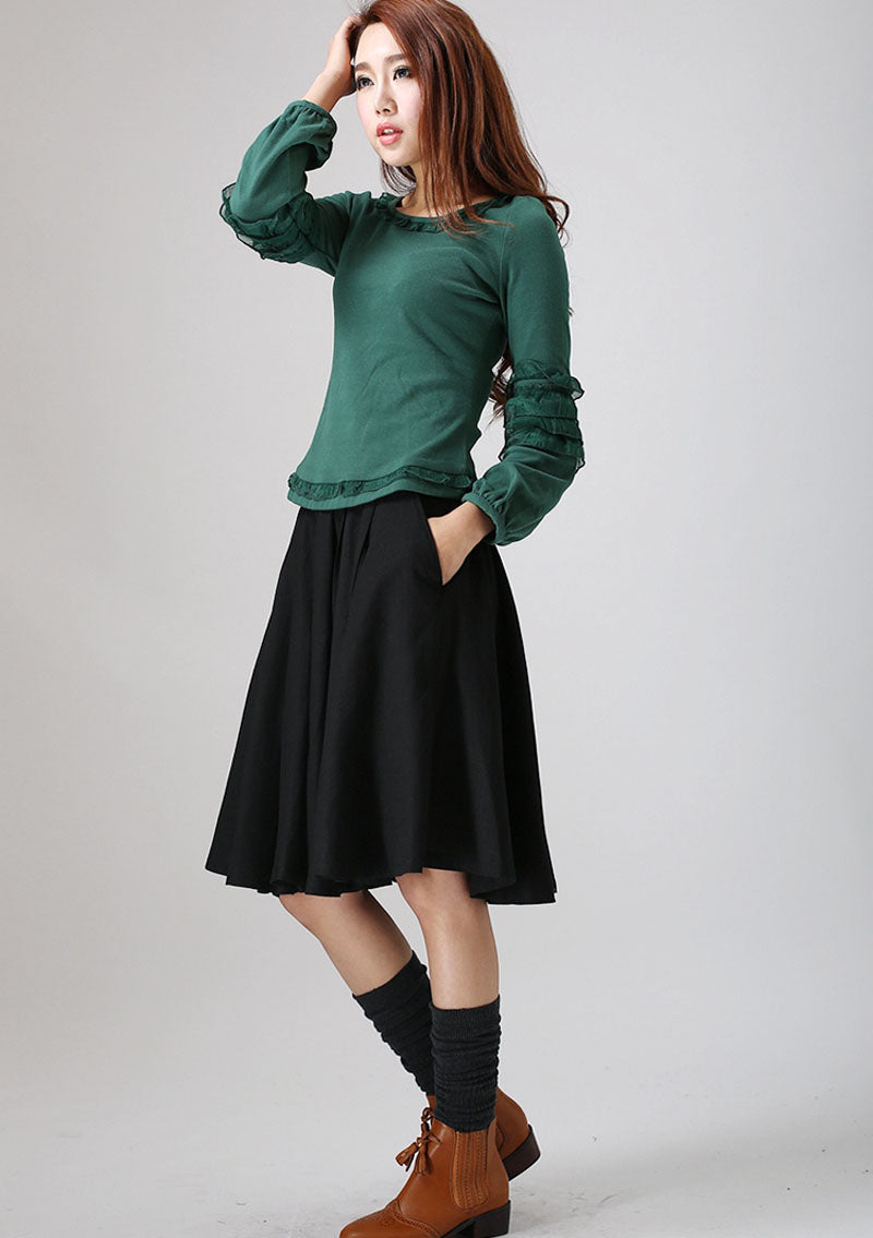 Handmade Black Linen Cotton Skirt – Flowy Below-Knee Summer Skirt | Xiaolizi 776