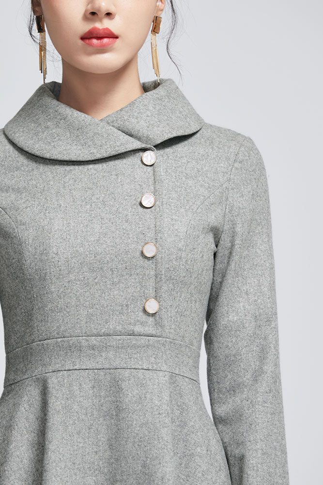 Handmade Wool Blend Dress – Elegant Light Gray A-Line Midi Winter Outfit 2267