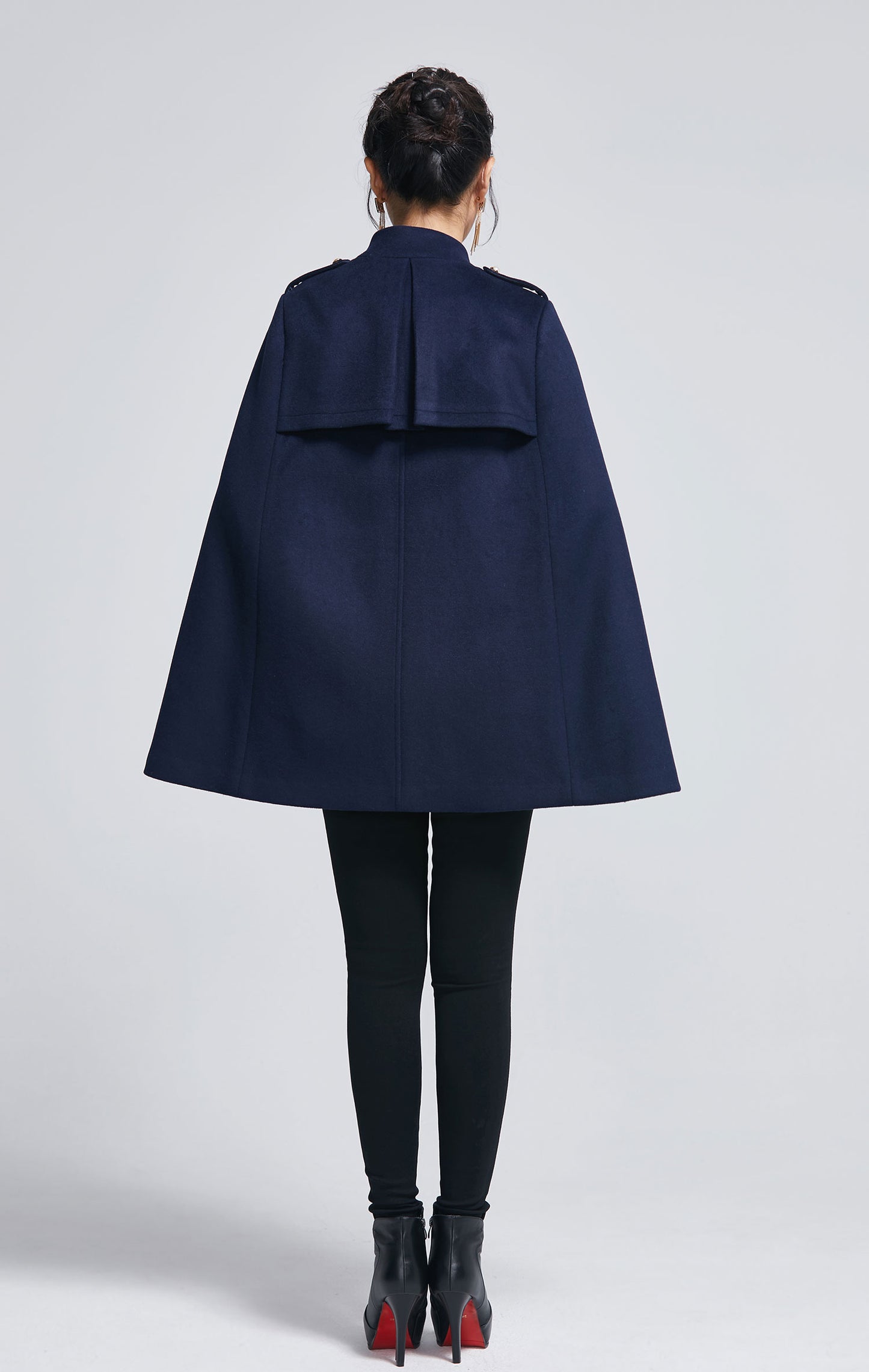 Xiaolizi Navy Wool Cape Coat for Women – Handmade Double-Breasted Winter Cape with High Collar 2279