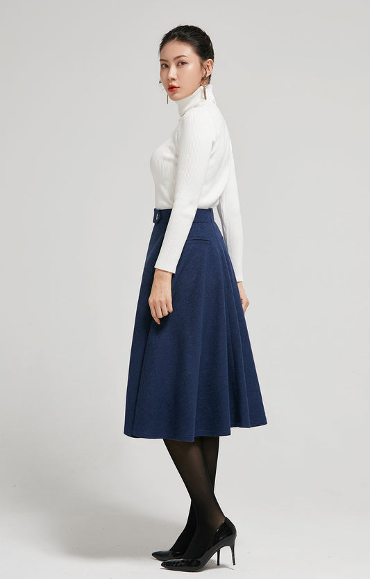Navy Wool A-Line Midi Skirt - High Waist Elegant Silhouette 2301