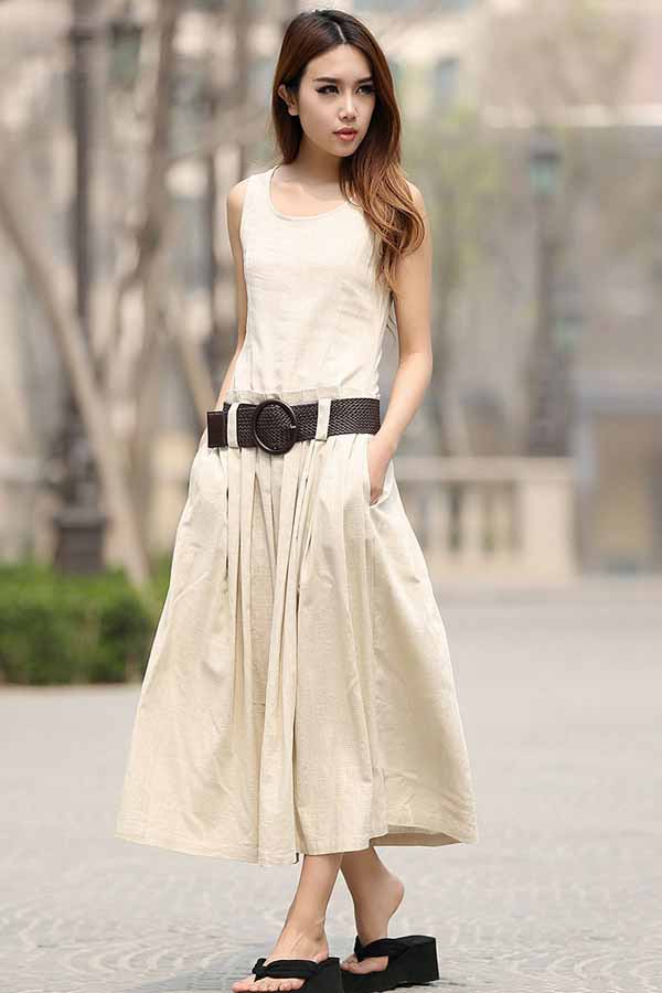 Women's sleeveless linen maxi dress with pleating details 0931# Xiaolizi Women's sleeveless linen maxi dress with pleating details 0931# Xiaolizi