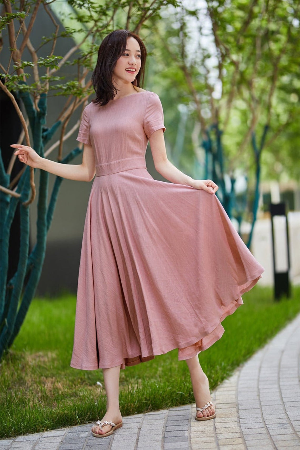 Pink Linen Fit and Flare Midi Dress - Boat Neck | Xiaolizi Pink Linen Fit and Flare Midi Dress - Boat Neck | Xiaolizi