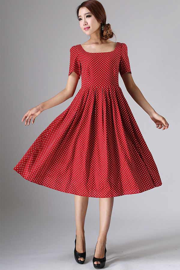 white and red polka dot linen dress, 50S womens swing dress 0974# Xiaolizi white and red polka dot linen dress, 50S womens swing dress 0974# Xiaolizi
