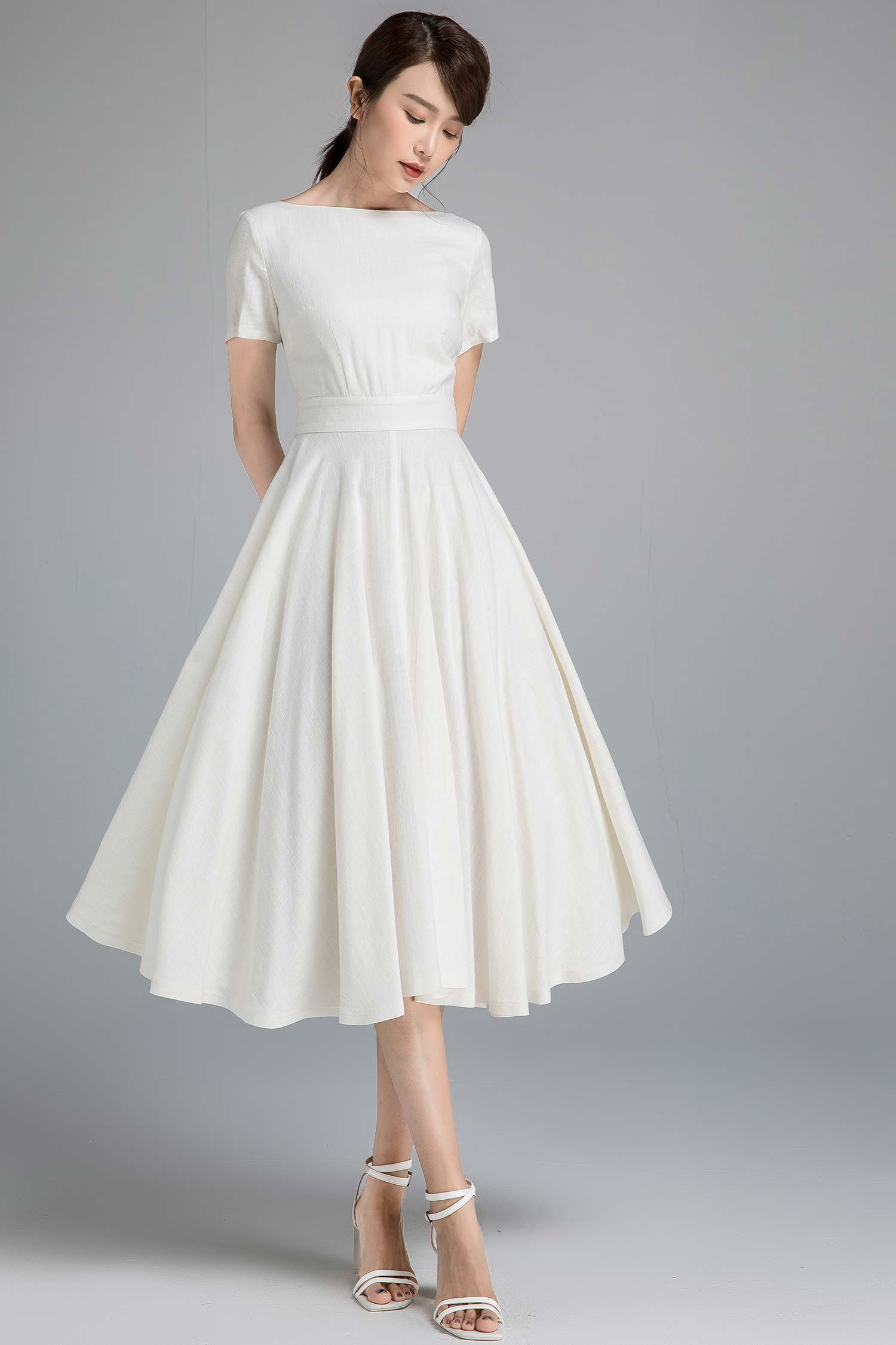women's fit and flare linen wedding dress in white 2338# women's fit and flare linen wedding dress in white 2338#