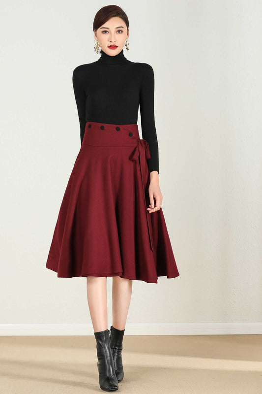Wine Red Wool Blend High Waist Midi Skirt with Bow Tie – Vintage A-Line Winter Skirt 2433
