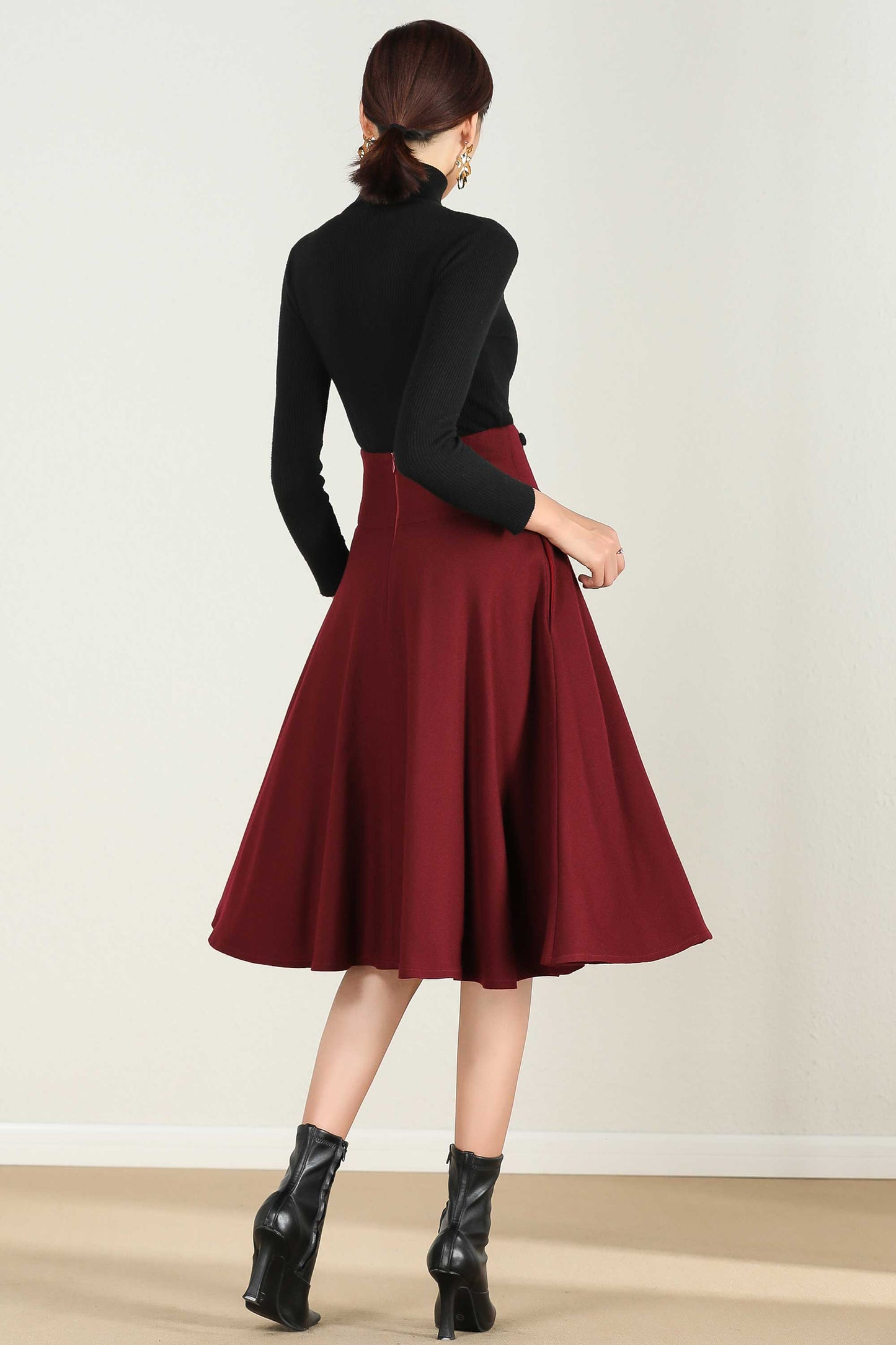 Wine Red Wool Blend High Waist Midi Skirt with Bow Tie – Vintage A-Line Winter Skirt 2433