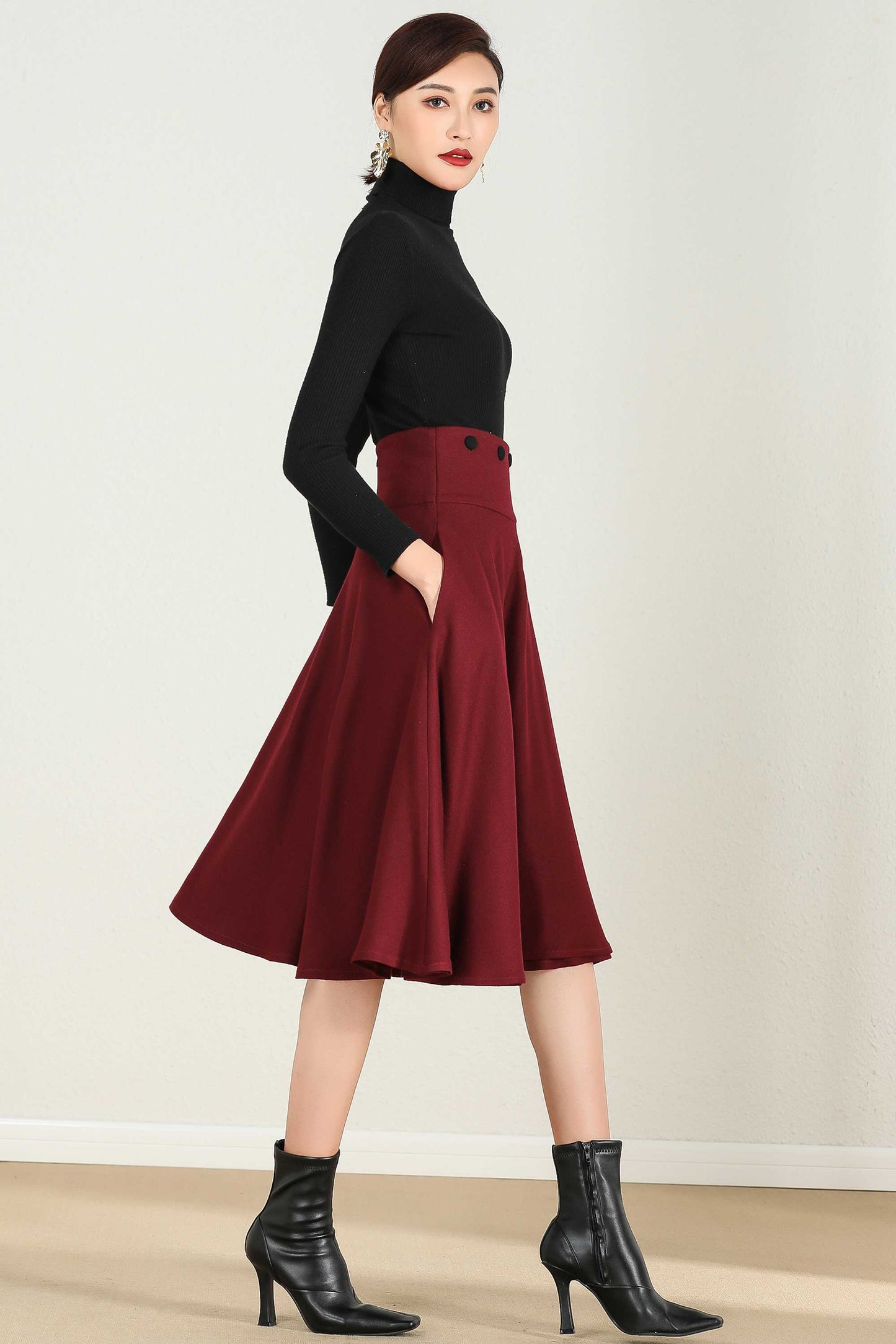 red skirt with wide waist band and button 2242#