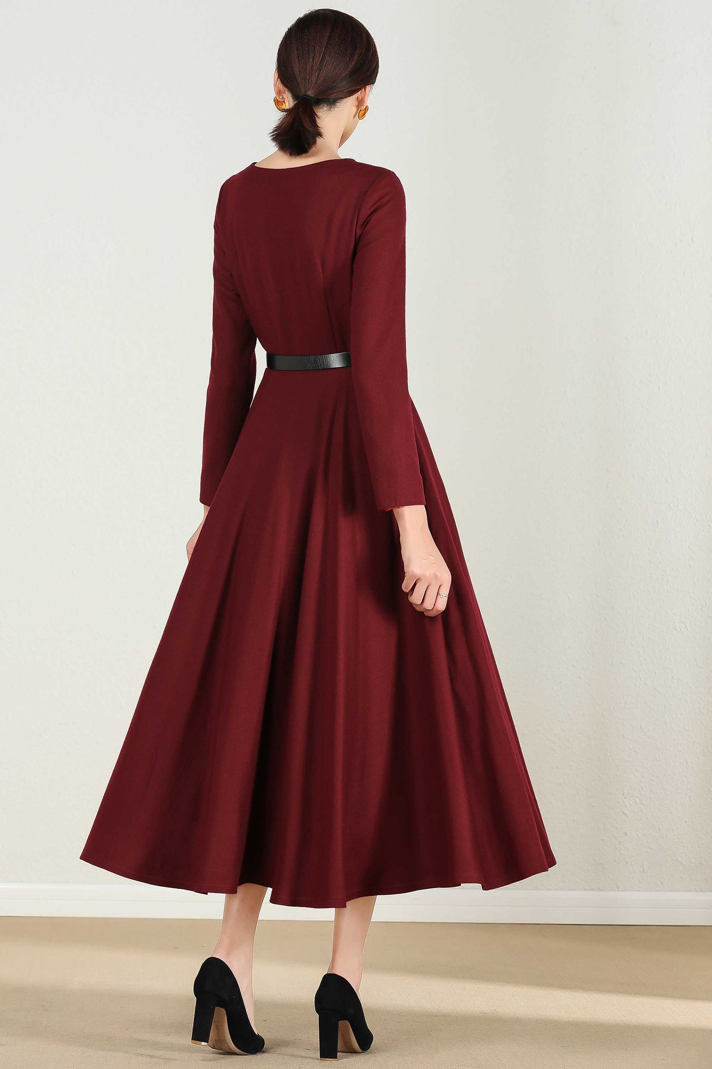 Burgundy Wool Midi Dress – Women’s Long Sleeve Fit and Flare Winter Dress 2429