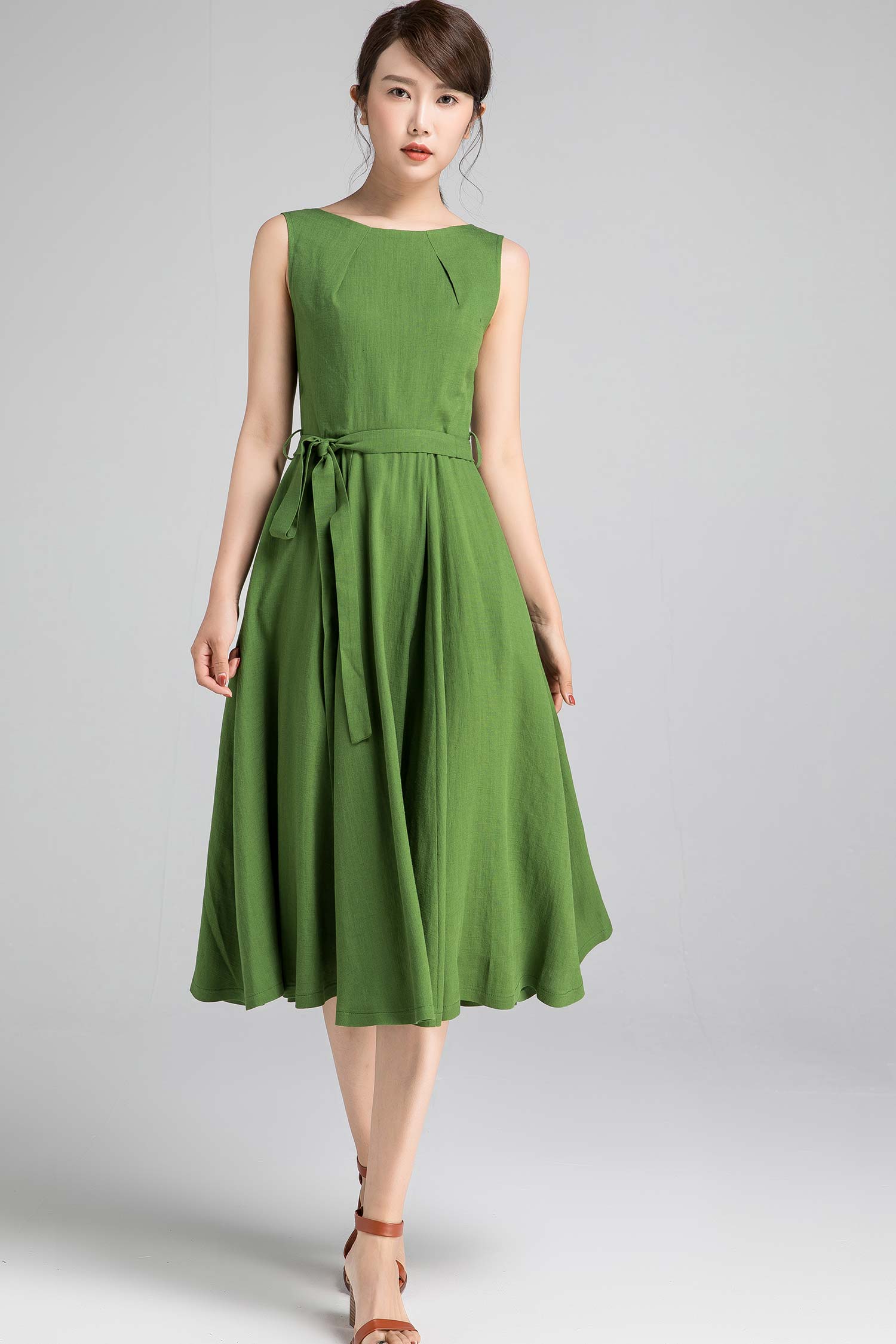 Xiaolizi handmade 50s sleeveless swing midi dress in Green 2346# Xiaolizi handmade 50s sleeveless swing midi dress in Green 2346#