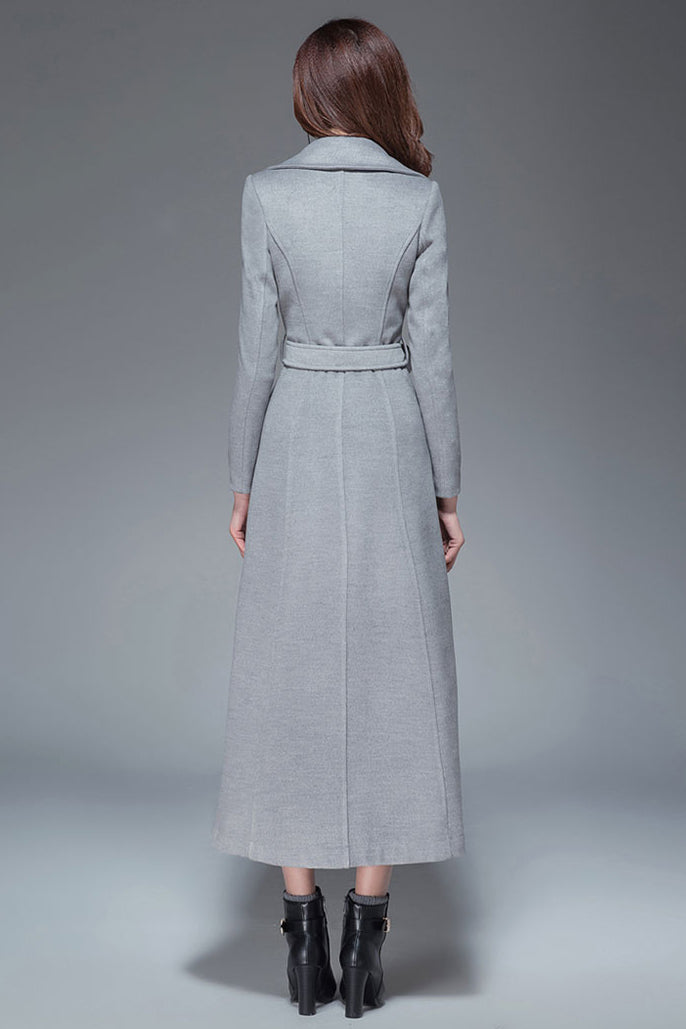 Handmade Light Gray Wool Coat – Elegant Double-Breasted Belted Long Overcoat | Xiaolizi 3985