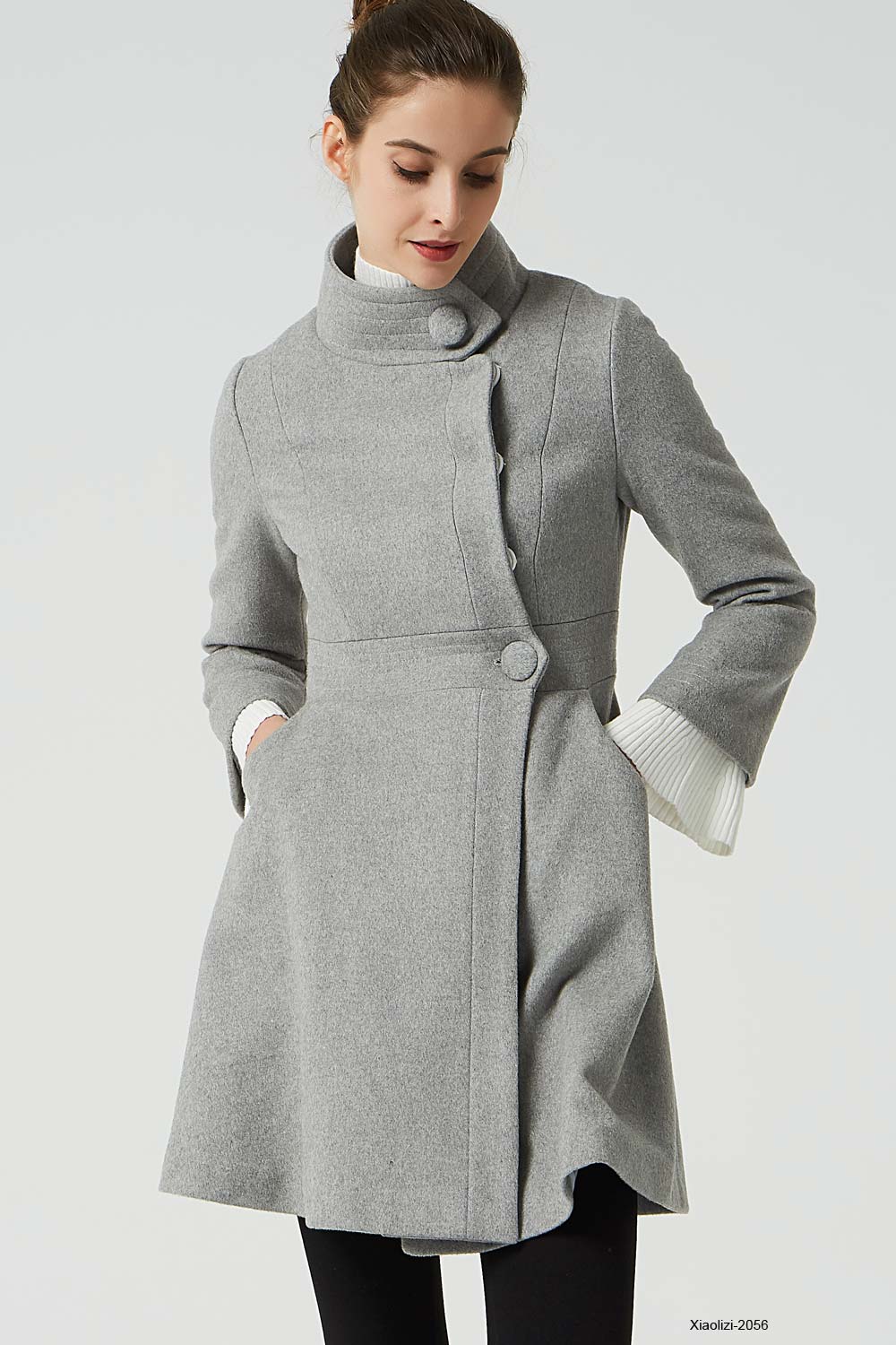 Light Grey Wool Coat with Fitted Waist and Stand-Up Collar Light Grey / S Light Grey Wool Coat with Fitted Waist and Stand-Up Collar Light Grey / S