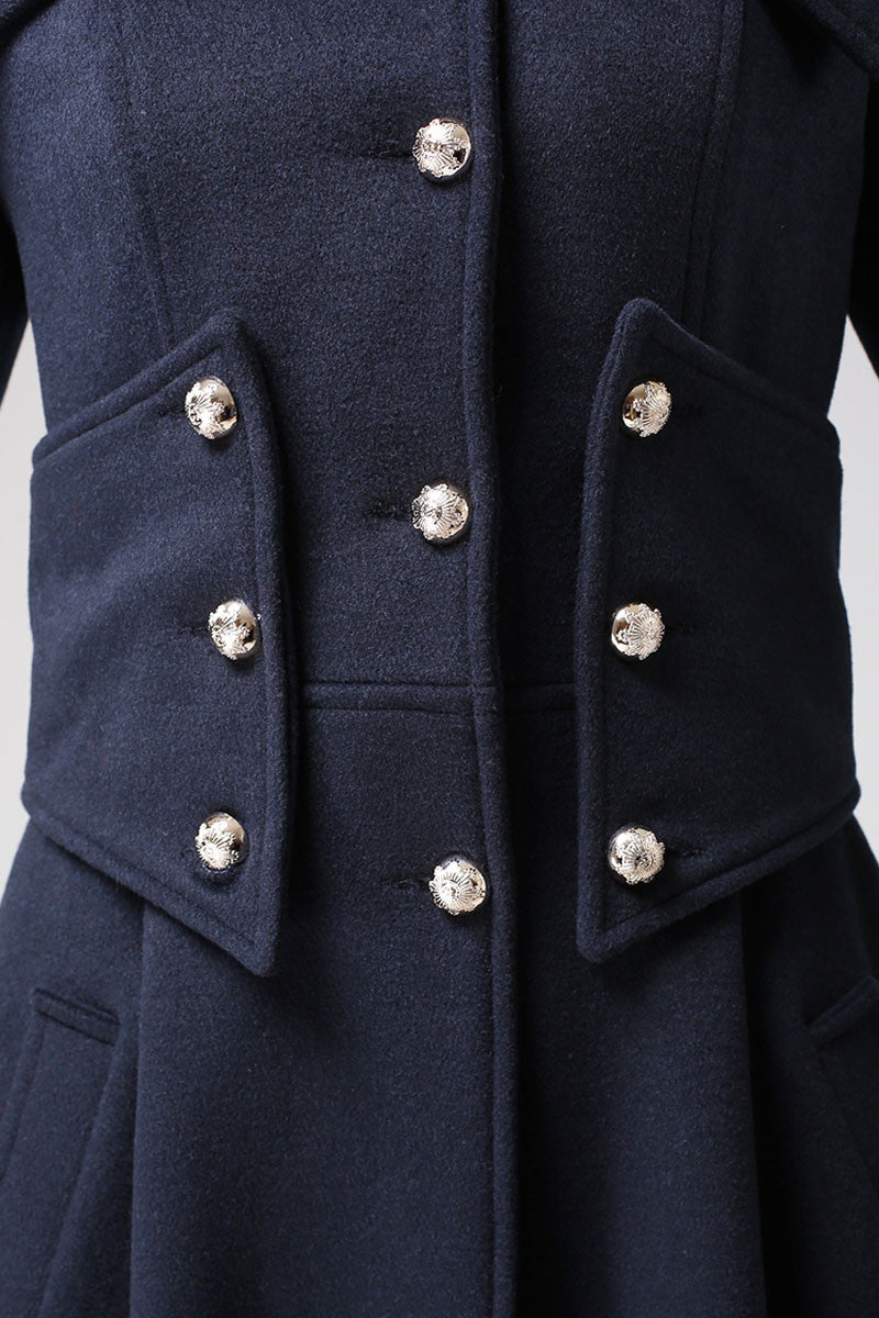 Navy Blue Wool Military Coat – Vintage Long Winter Overcoat with Silver Buttons 0701