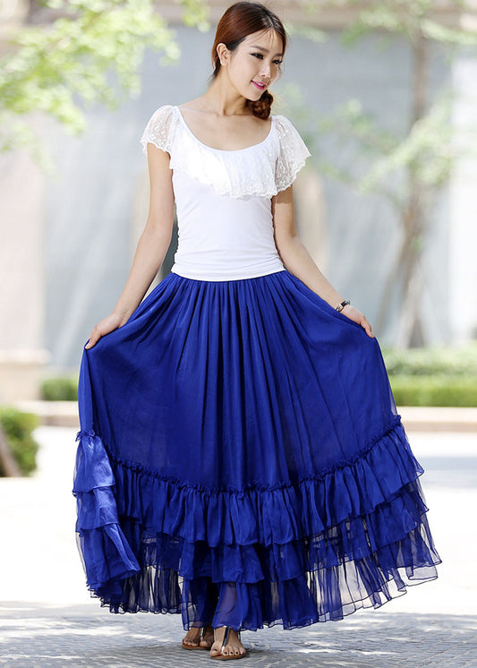 Royal Blue Chiffon Maxi Skirt – Handmade Tiered Wedding & Party Skirt 1018
