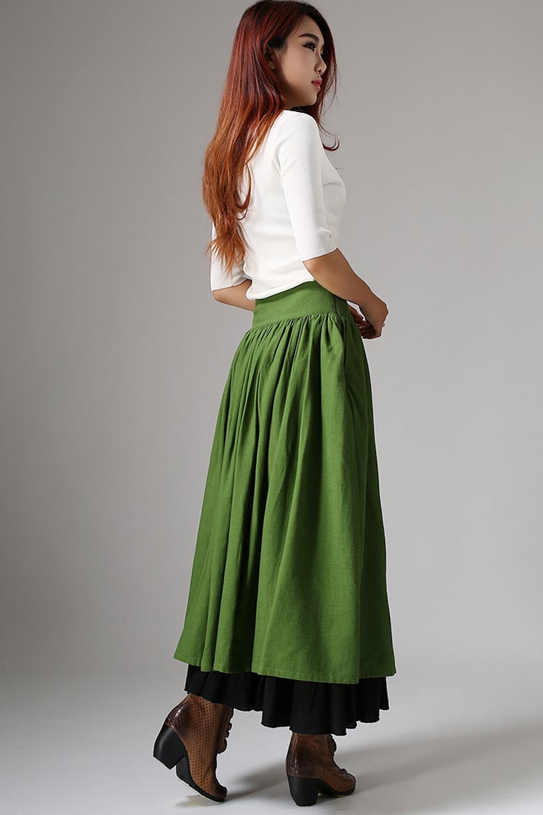 Feminine Linen Maxi Skirt Forest Green – High-Waisted A-Line – 1037