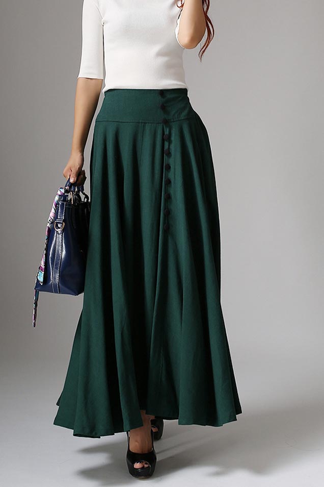 Green Linen Skirt, Long Linen Skirt, Linen Skirt, Maxi Asymmetrical Hemline with Pockets All-Seasons Skirt, Asymmetrical Linen Skirt C524