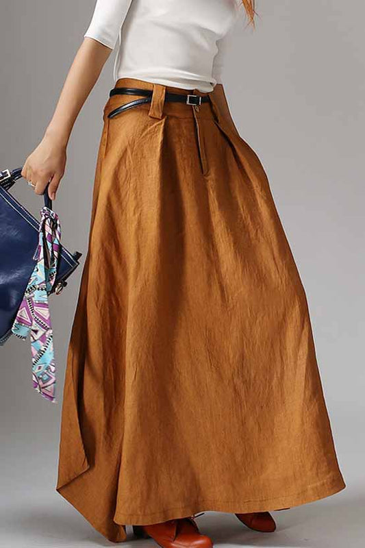 Women’s Handmade Linen Maxi Skirt – Brown Asymmetrical Bohemian Skirt | Xiaolizi 1042