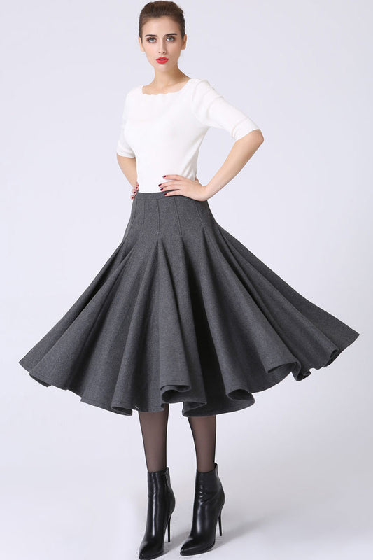 Women's Wool Pleated Flare Skirt | Dark Gray Minimalist Winter Midi Skirt 1066