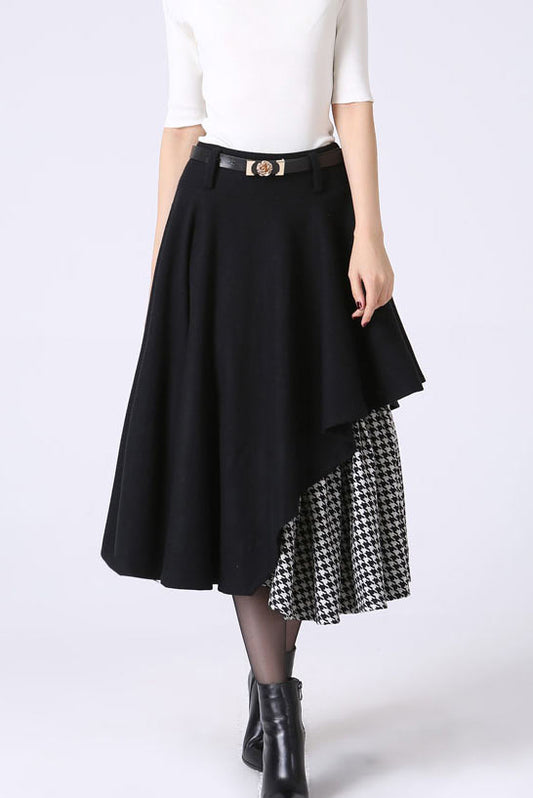 Timeless Wool Midi Skirt in Black – Asymmetrical Hem & Houndstooth – 1067