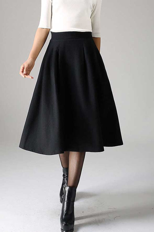Black Pleated Midi Skirt – Handmade Wool Blend Winter Classic | Xiaolizi 1087