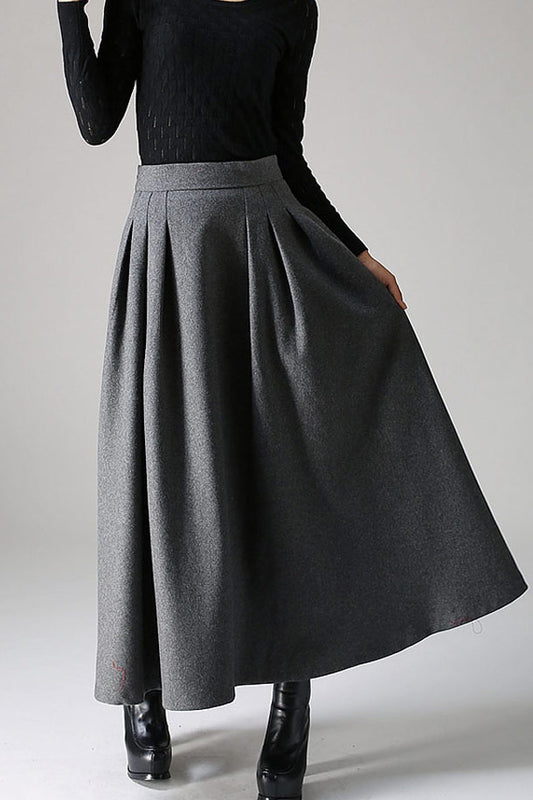 Dark Grey Wool Blend Maxi Skirt – Handmade Pleated High Waist Winter Elegance 1091
