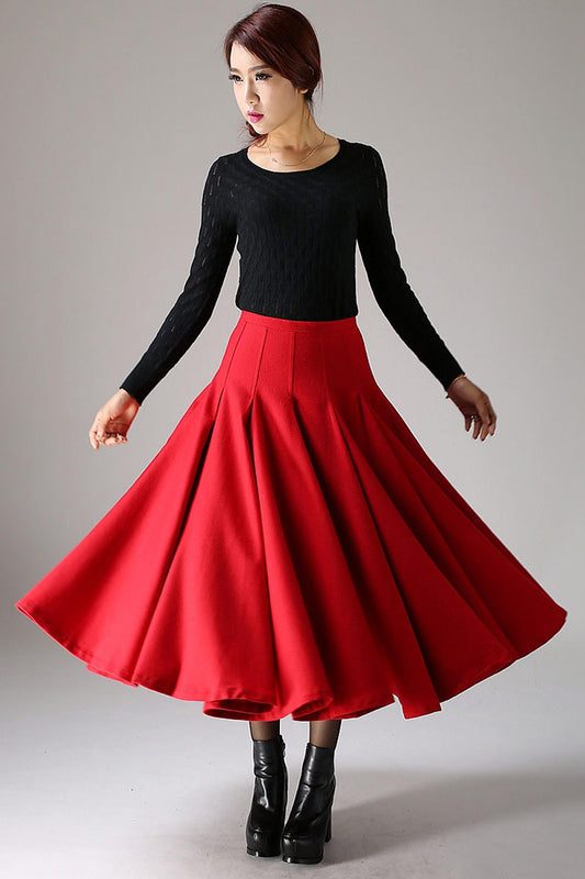 Women's Red Wool Pleated Swing Maxi Skirt – Warm Winter Flare Skirt | Xiaolizi 1092