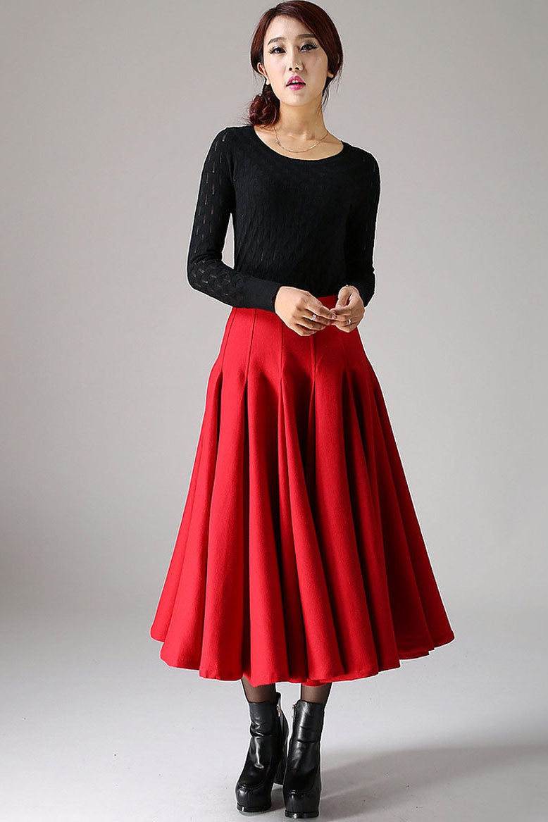 Women's Red Wool Pleated Swing Maxi Skirt – Warm Winter Flare Skirt | Xiaolizi 1092