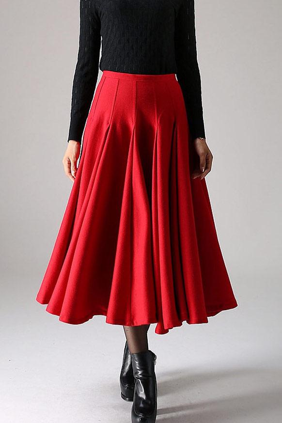 Gray Wool Midi Skirt – Vintage High Waist Flared Winter Skirt for Women 0748