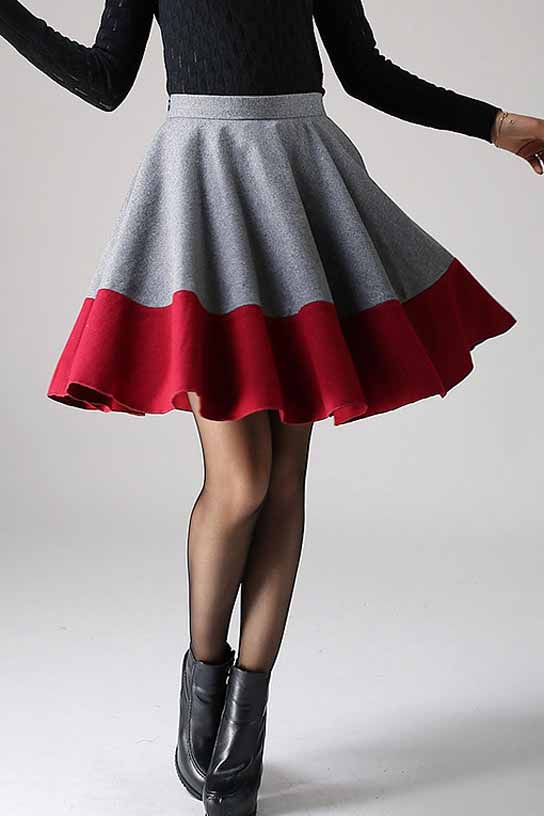 Handmade Patchwork Wool Mini Skirt – Navy Plaid High Waist Skater | Xiaolizi 2304