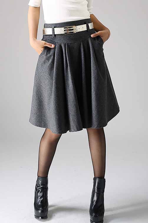 Dark Gray Wool Skirt – Vintage Fit and Flare Pleated Knee-Length Skirt 1099