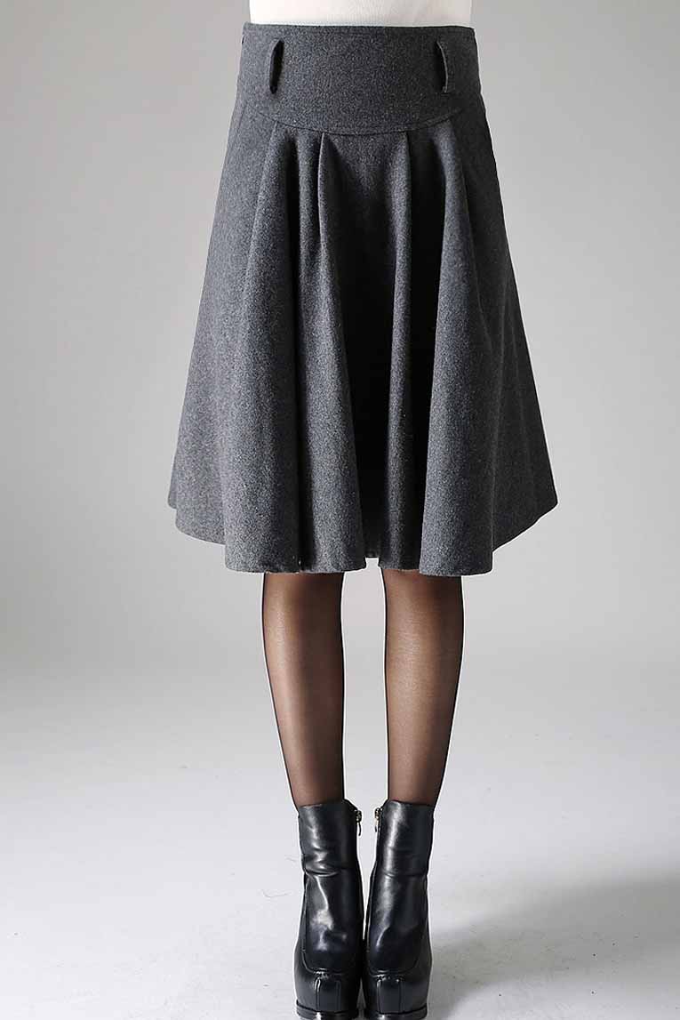 Dark Gray Wool Skirt – Vintage Fit and Flare Pleated Knee-Length Skirt 1099