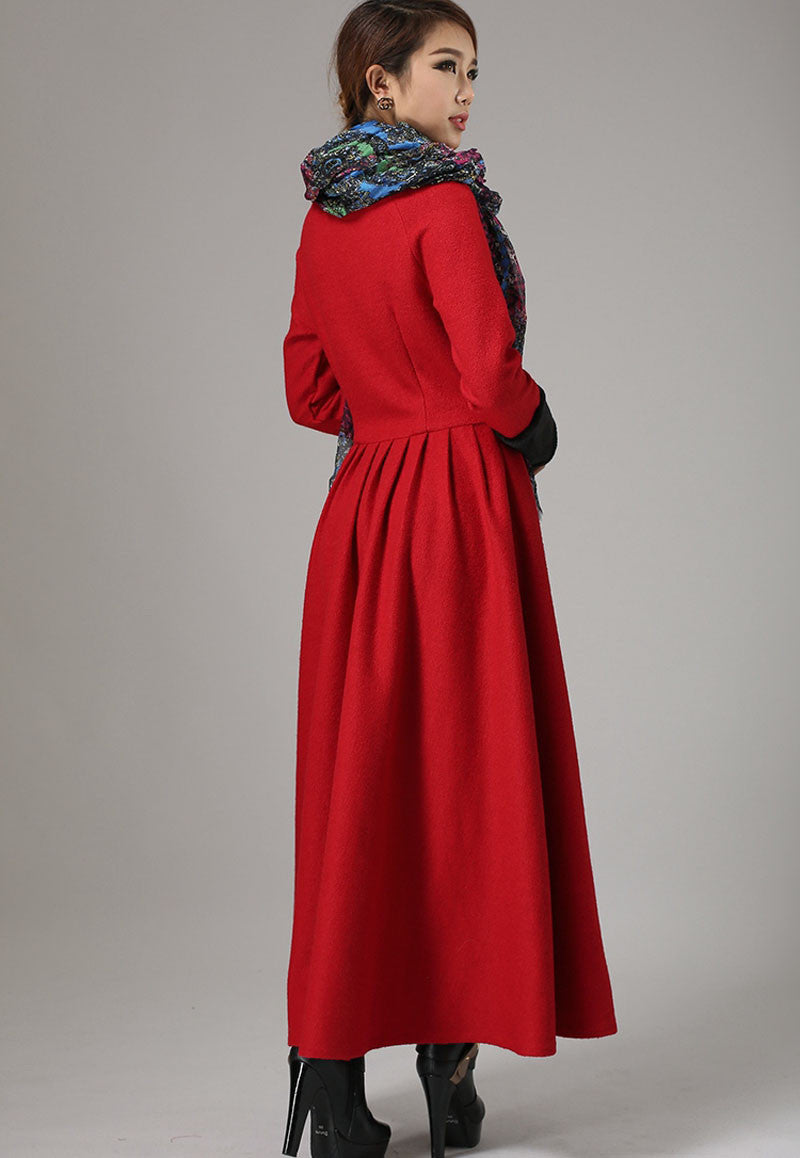 Red Wool Maxi Dress - Wide Neckline Fur Cuff Detail | Xiaolizi 737