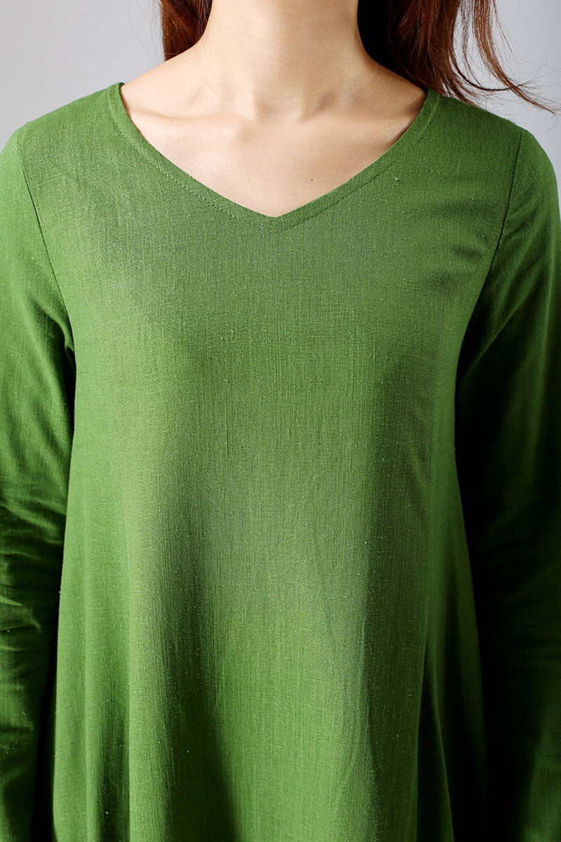 Casual dress woman green linen dress (789)