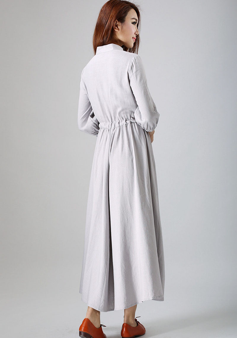Gray Cotton-Linen Maxi Shirt Dress with Buttons and Pockets | Xiaolizi 0785