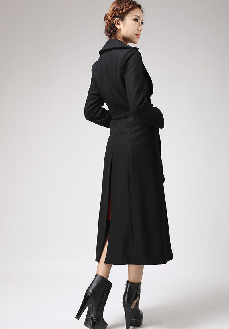 Handmade Black Wool Blend Coat – Elegant Long Winter Overcoat with Unique Collar | Xiaolizi 0704