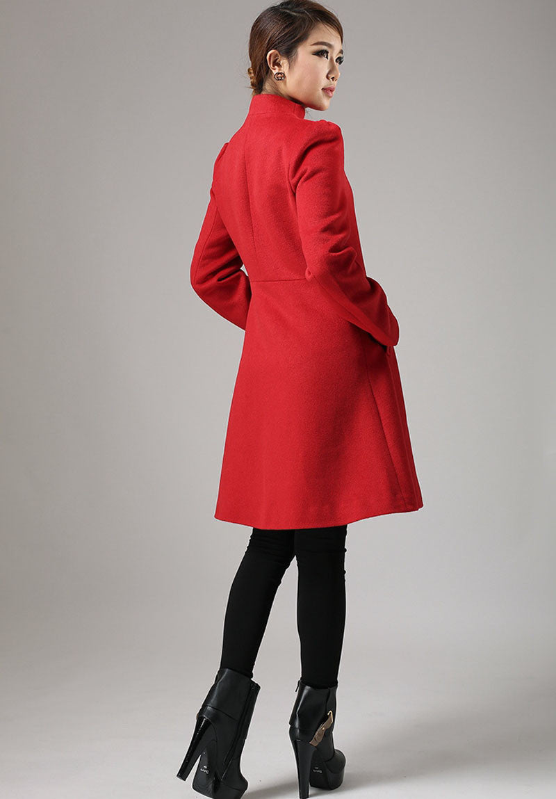 Women’s Red Cashmere Coat – Elegant High-Neck Winter Jacket with Asymmetric Closure 734