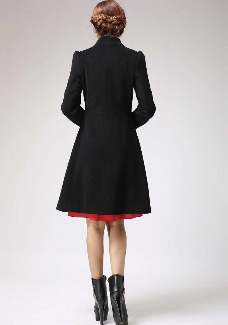 Black Wool Coat Dress – High Neck Vintage Fit-and-Flare Overcoat 715