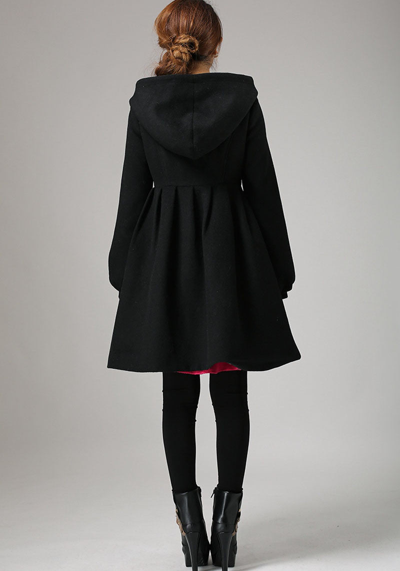 Black Hooded Wool Coat – Handmade Single-Breasted Winter Short Coat | Xiaolizi 730