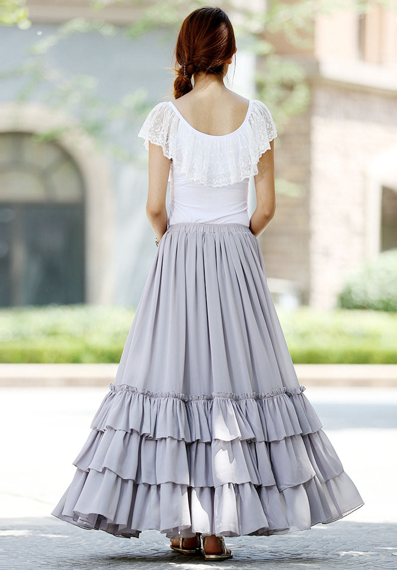 Elegant Gray Chiffon Maxi Skirt – Handmade Wedding & Party Skirt | Xiaolizi 1020